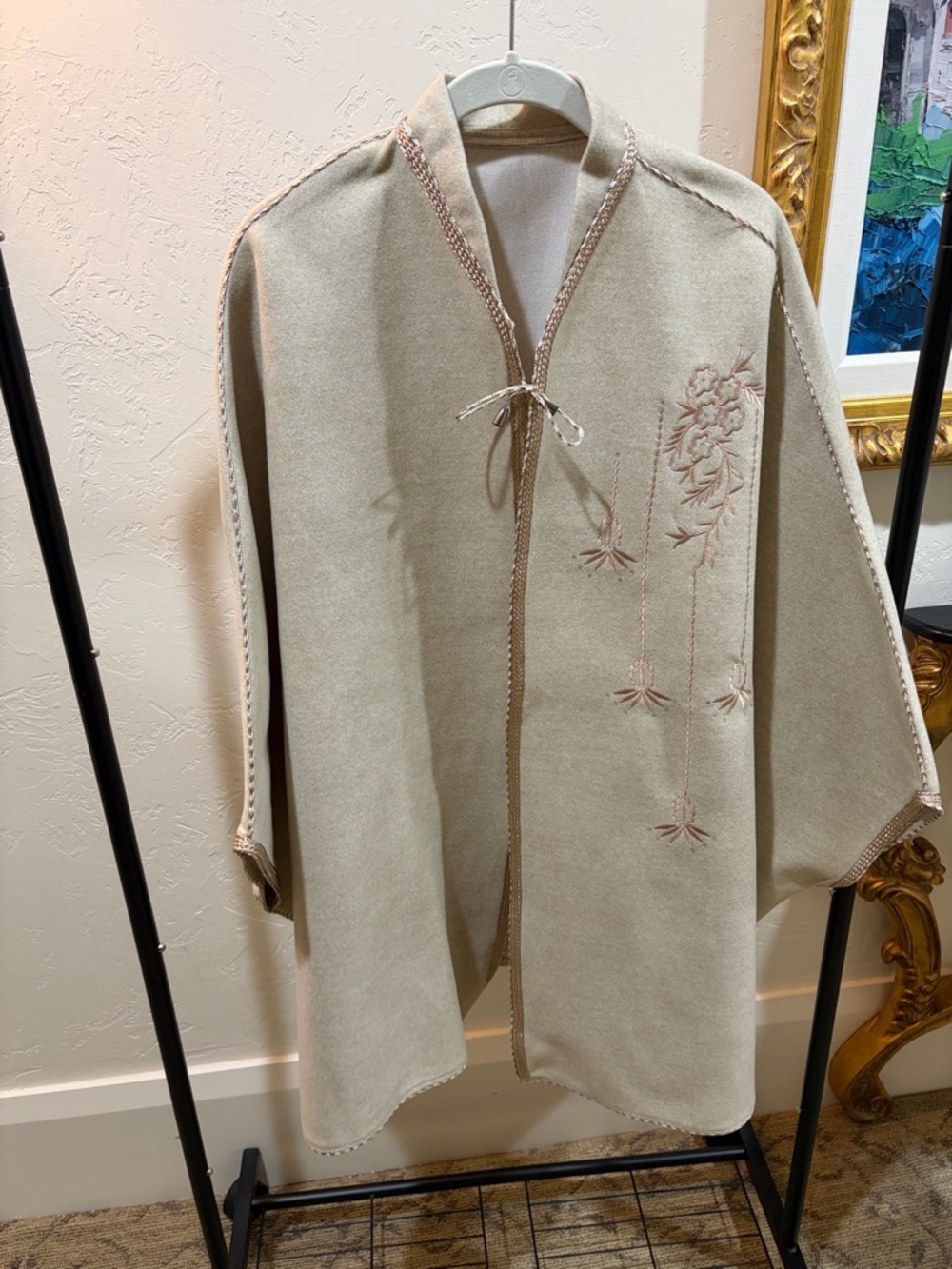 European Embroidered Beige Cape Coat with Tie Front